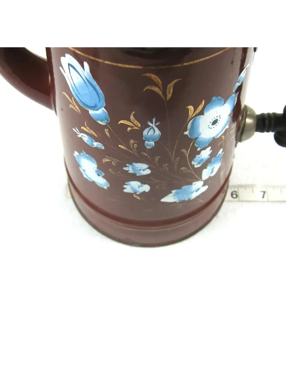 Antique Enamelware Coffee Pot Boiler Brown & Blue Flower Floral Lid Handle RARE